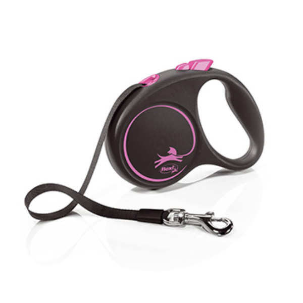 Flexi Black Design Extending Dog Lead Tape 5m Black/Pink Small