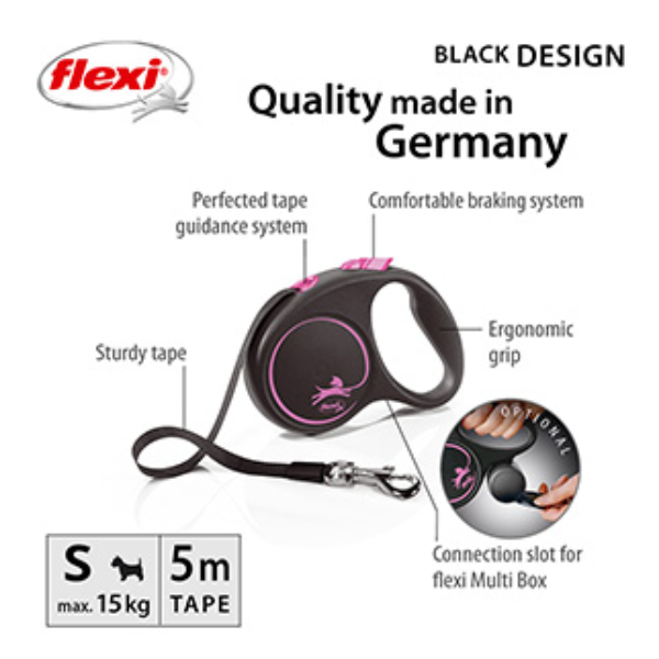 Flexi Black Design Extending Dog Lead Tape 5m Black/Pink Small